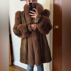 Luxurious Brown Pastel mink autumn haze an brown Fox Fur Coat trim